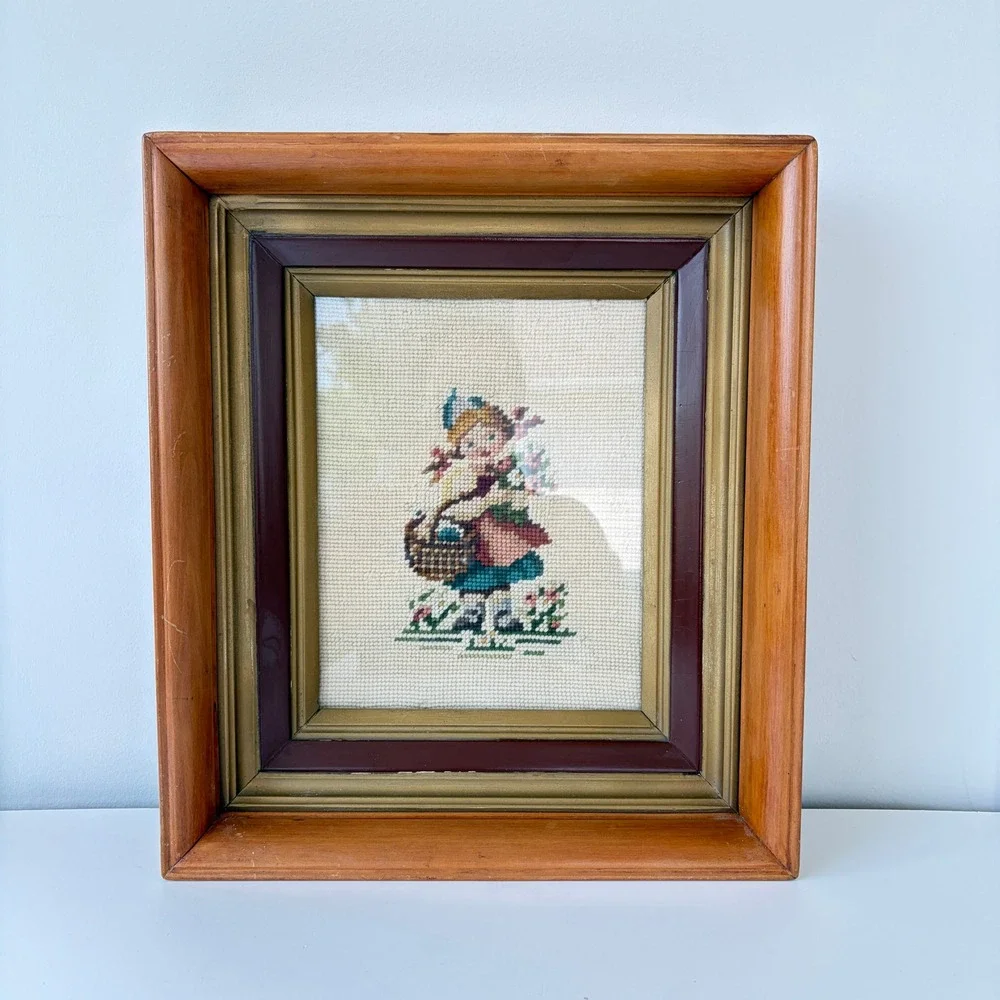 Vintage 1964 Hummel Style Needlepoint Framed Art Girl with Basket Wood Frame